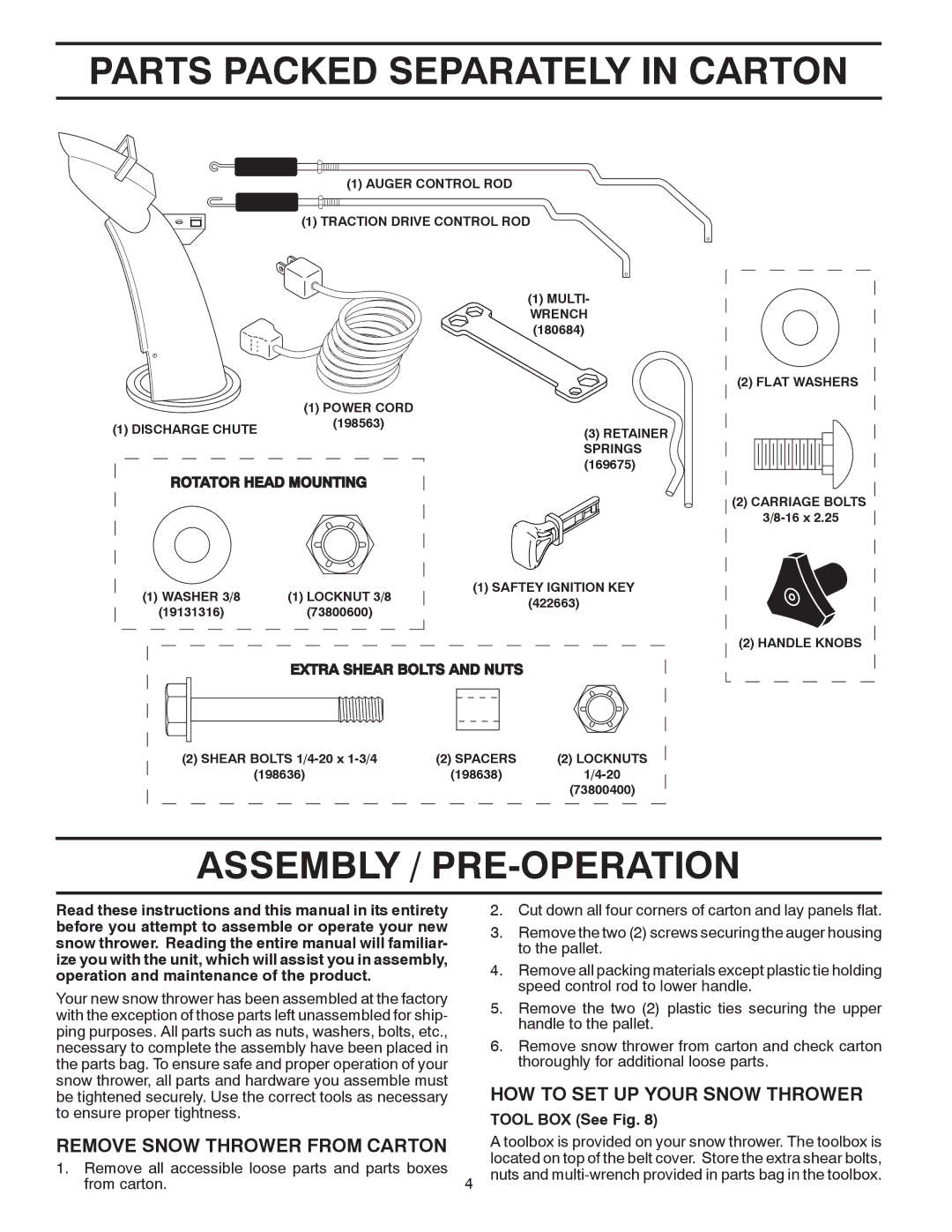 Poulan 424003 owner manual Parts Packed Separately in Carton, Assembly / PRE-OPERATION, HOW to SET UP Your Snow Thrower 