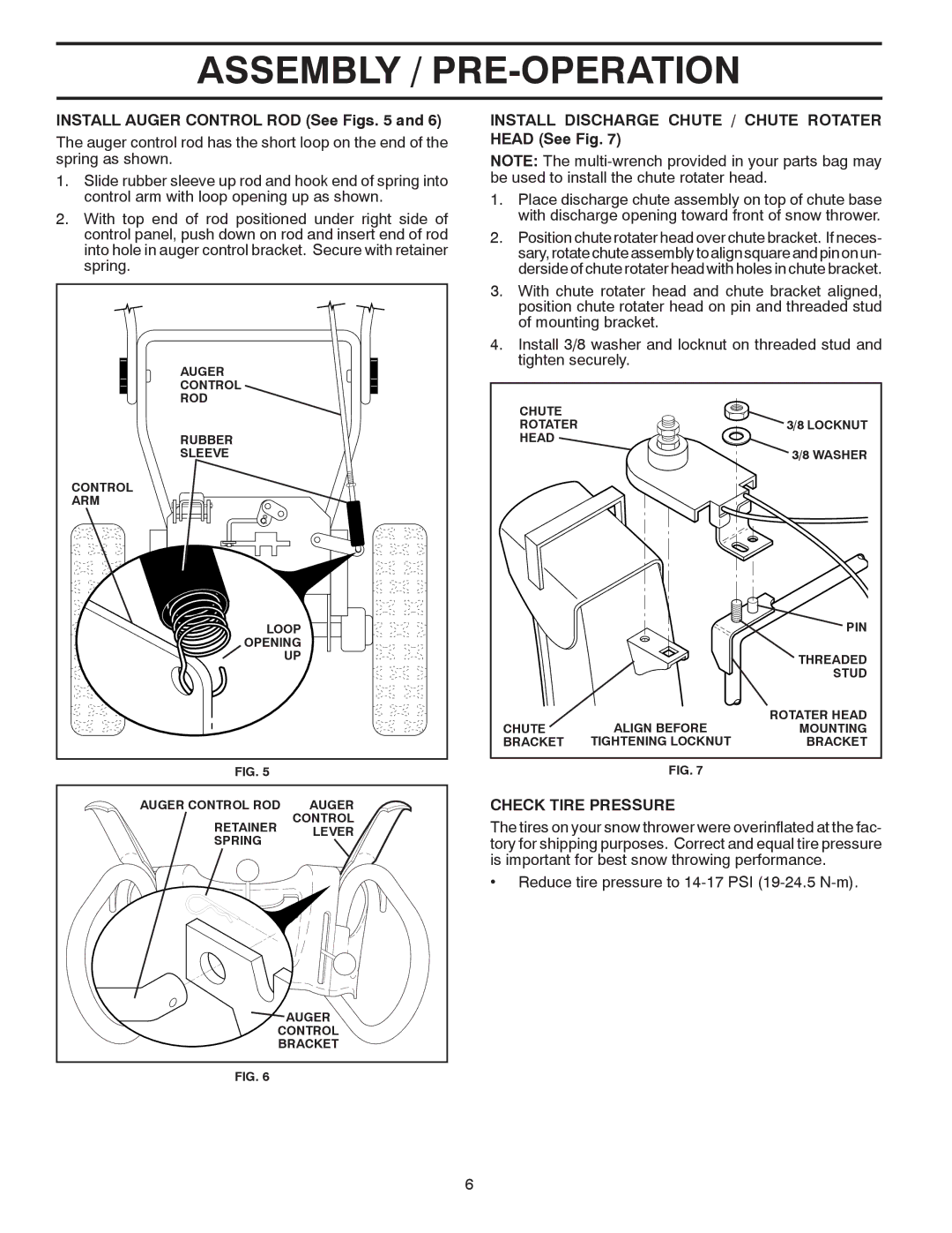 Poulan 424003 owner manual Install Auger Control ROD See Figs, Install Discharge Chute / Chute Rotater Head See Fig 