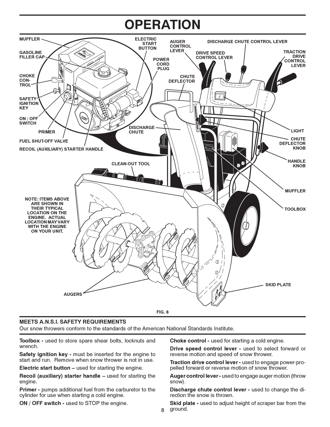 Poulan 424003 owner manual Meets A.N.S.I. Safety Requirements, Electric start button used for starting the engine 