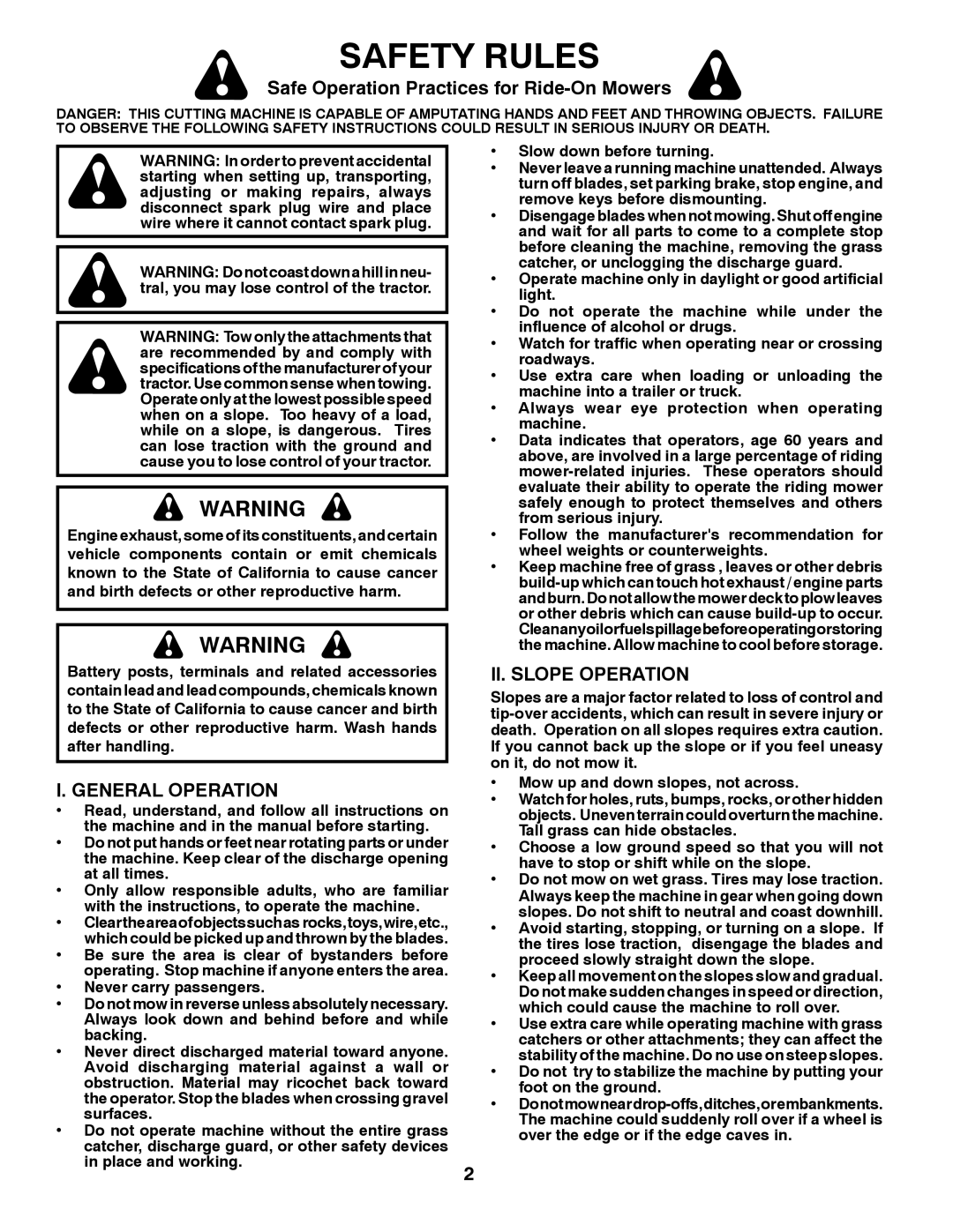 Poulan 424008 manual Safety Rules, Safe Operation Practices for Ride-On Mowers, General Operation, II. Slope Operation 