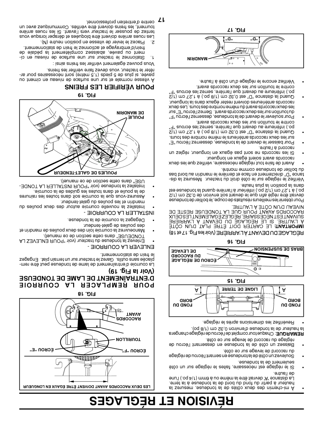 Poulan 424008 manual Freins LES Vérifier Pour, Tondeuse DE Lame DE D’ENTRAÎNEMENT, Courroie Acer Rempl Pour 