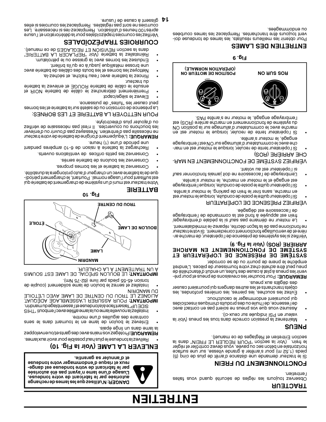 Poulan 424008 Fig la Voir Lame LA Enlever, Trapézoïdales Courroies, Lames DES Entretien, Pneus, Frein DU Fonctionnement 