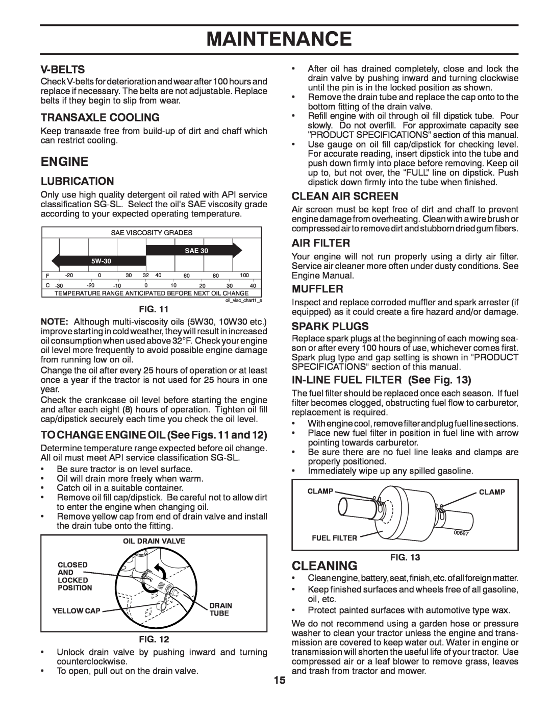 Poulan 424008 Engine, Cleaning, V-Belts, Transaxle Cooling, Lubrication, TO CHANGE ENGINE OIL See Figs. 11 and, Air Filter 