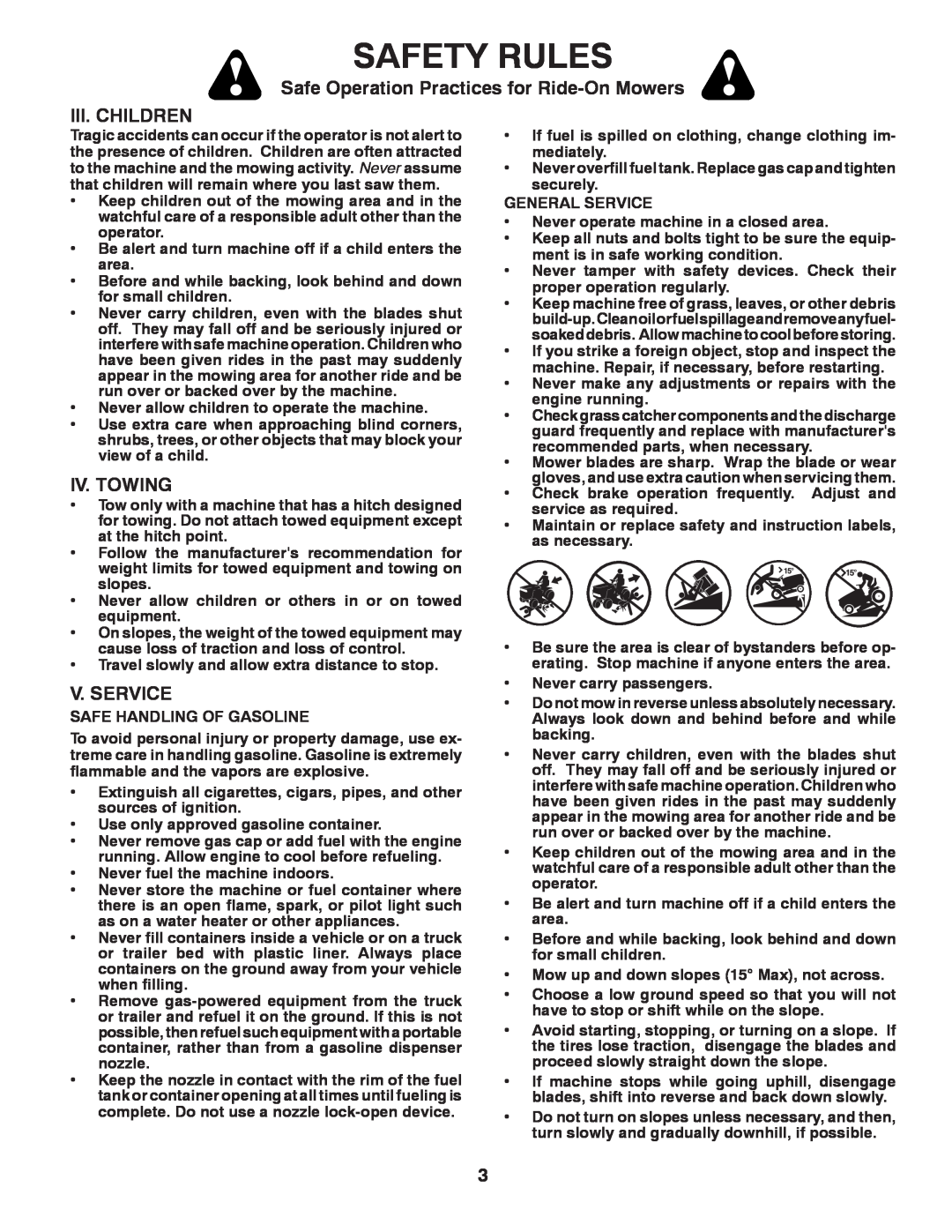 Poulan 424008 manual Iii. Children, Iv. Towing, V. Service, Safety Rules, Safe Operation Practices for Ride-On Mowers 