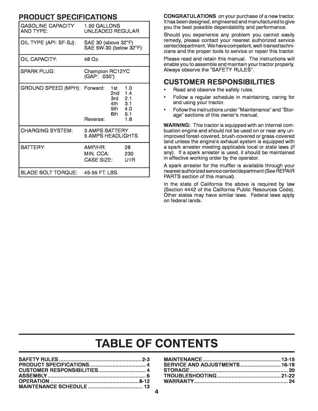 Poulan 424008 manual Table Of Contents, Product Specifications, Customer Responsibilities 