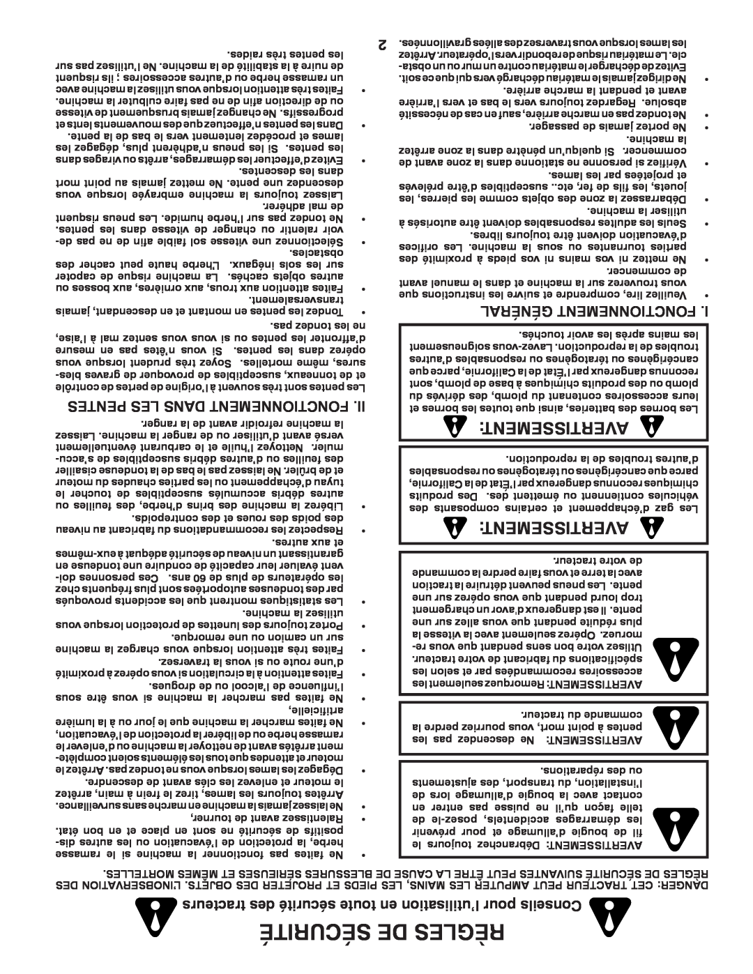 Poulan 424008 manual Sécurité De Règles, Avertissement, Pentes Les Dans Fonctionnement, Général Fonctionnement 