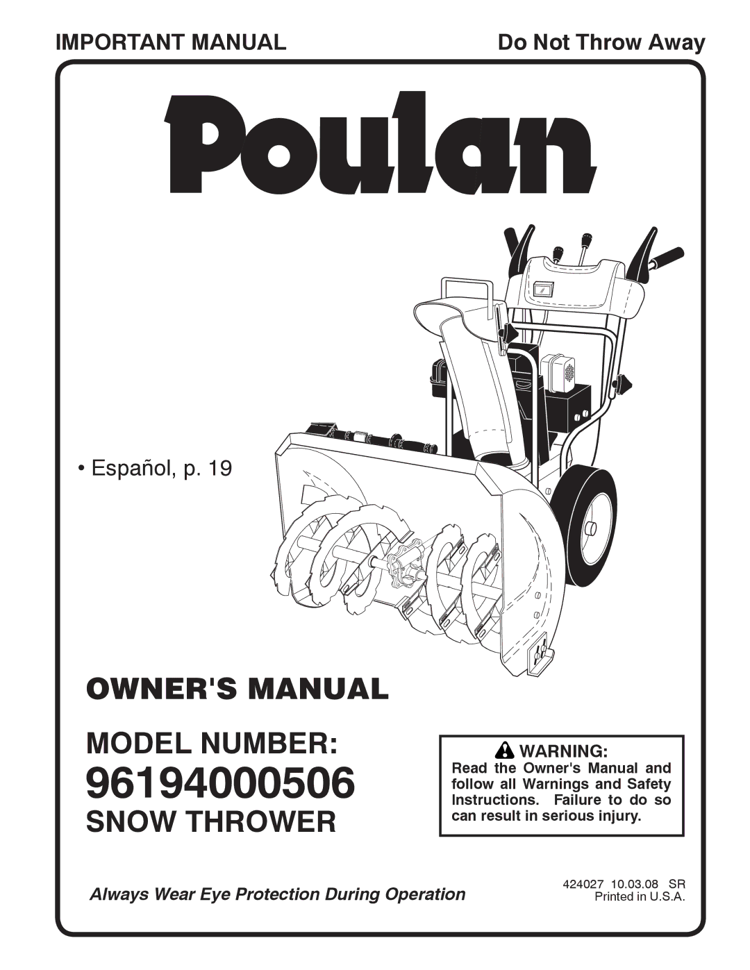 Poulan 96194000506, 424027 owner manual Model Number, Snow Thrower 