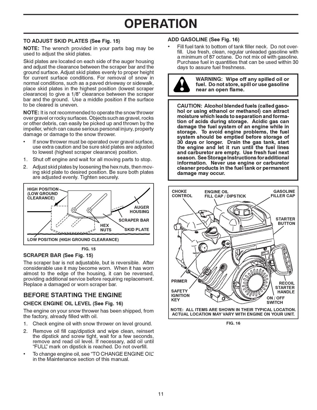 Poulan 96194000506 Before Starting the Engine, To Adjust Skid Plates See Fig, Scraper BAR See Fig, ADD Gasoline See Fig 