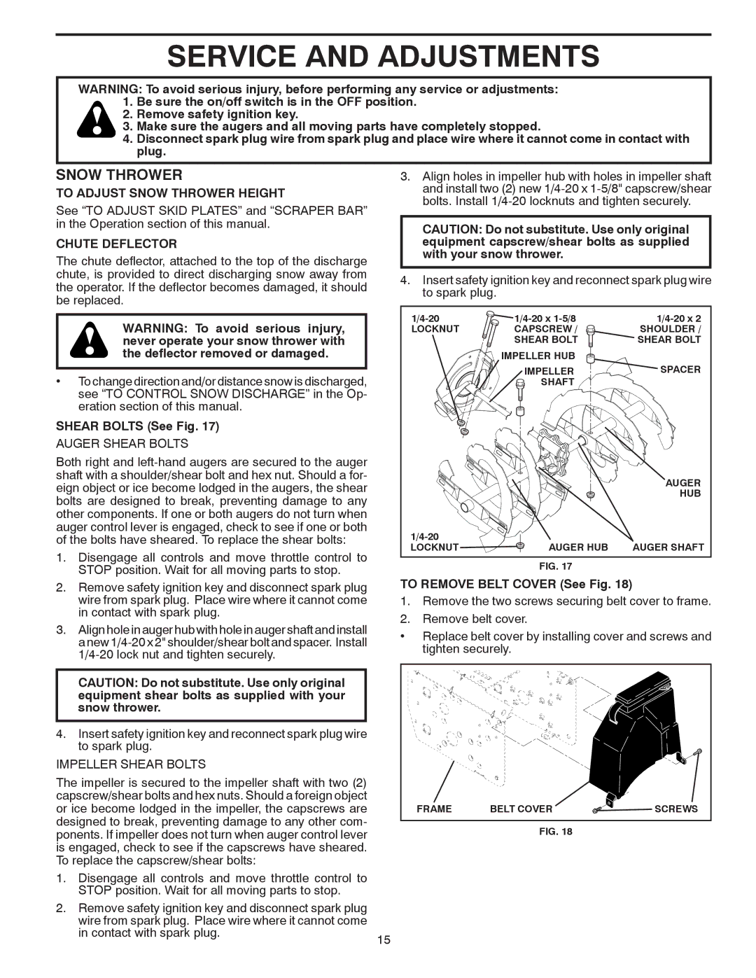 Poulan 96194000506, 424027 Service and Adjustments, To Adjust Snow Thrower Height, Chute Deflector, Shear Bolts See Fig 