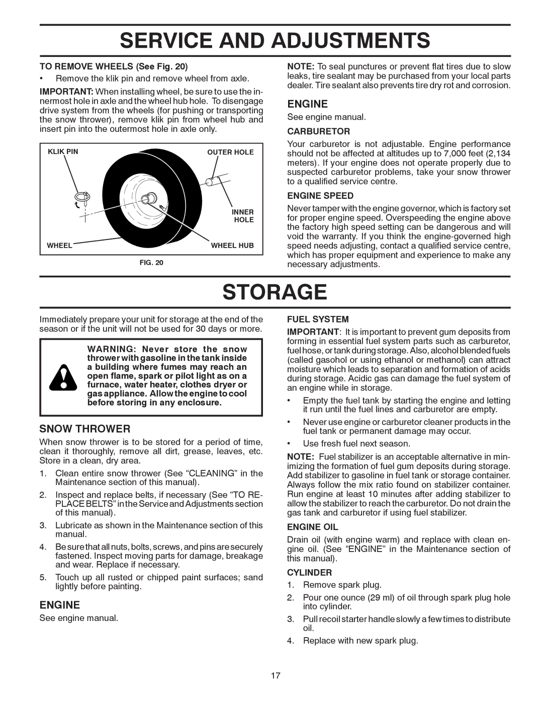 Poulan 96194000506, 424027 owner manual Storage 