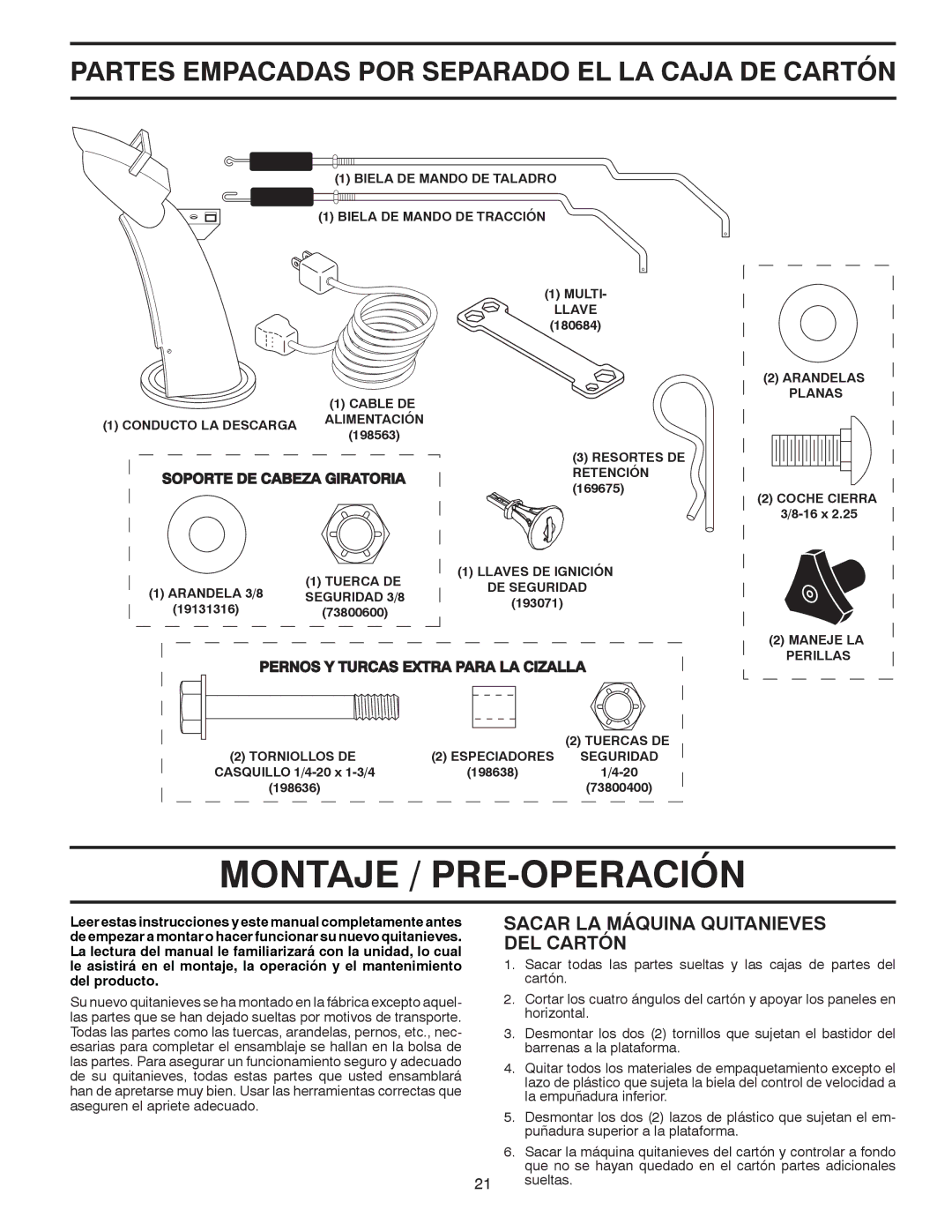 Poulan 96194000506, 424027 owner manual Montaje / PRE-OPERACIÓN, Sacar LA Máquina Quitanieves DEL Cartón 