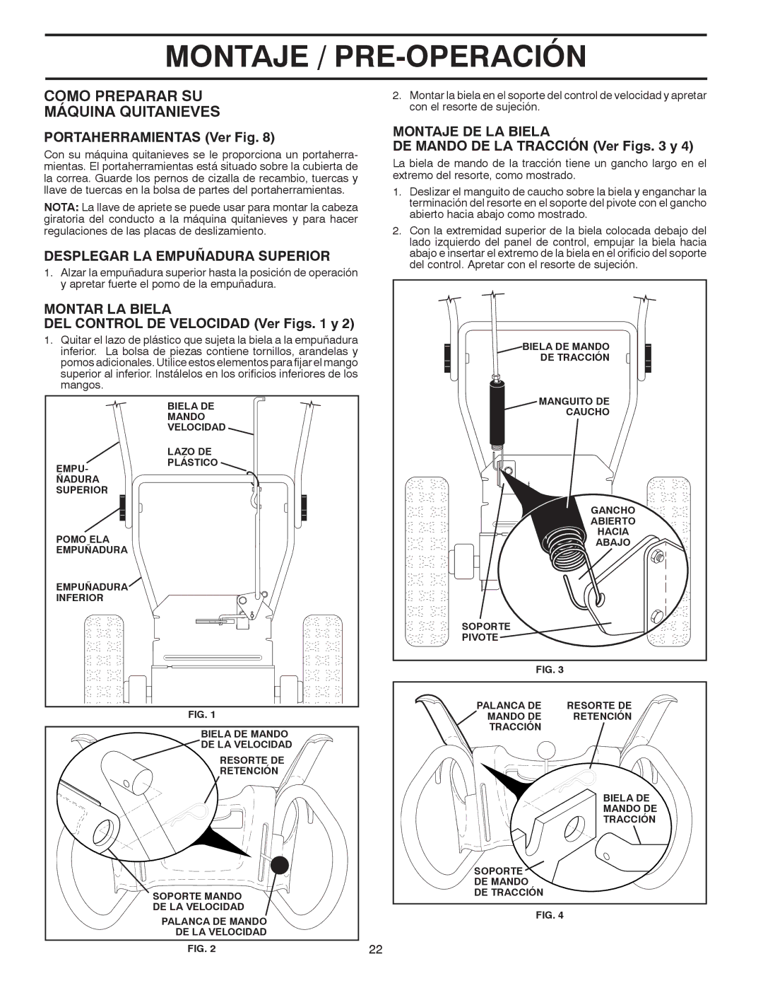 Poulan 424027 Como Preparar SU Máquina Quitanieves, Desplegar LA Empuñadura Superior, Montar LA Biela, Montaje DE LA Biela 