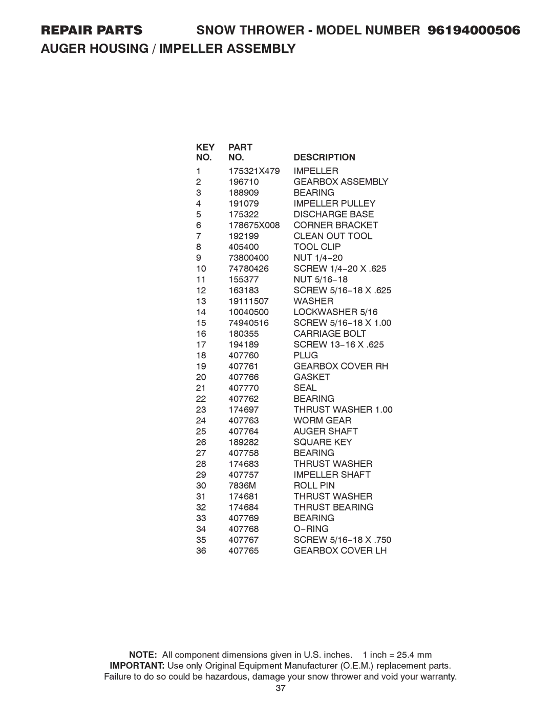 Poulan 96194000506, 424027 owner manual KEY Part Description 