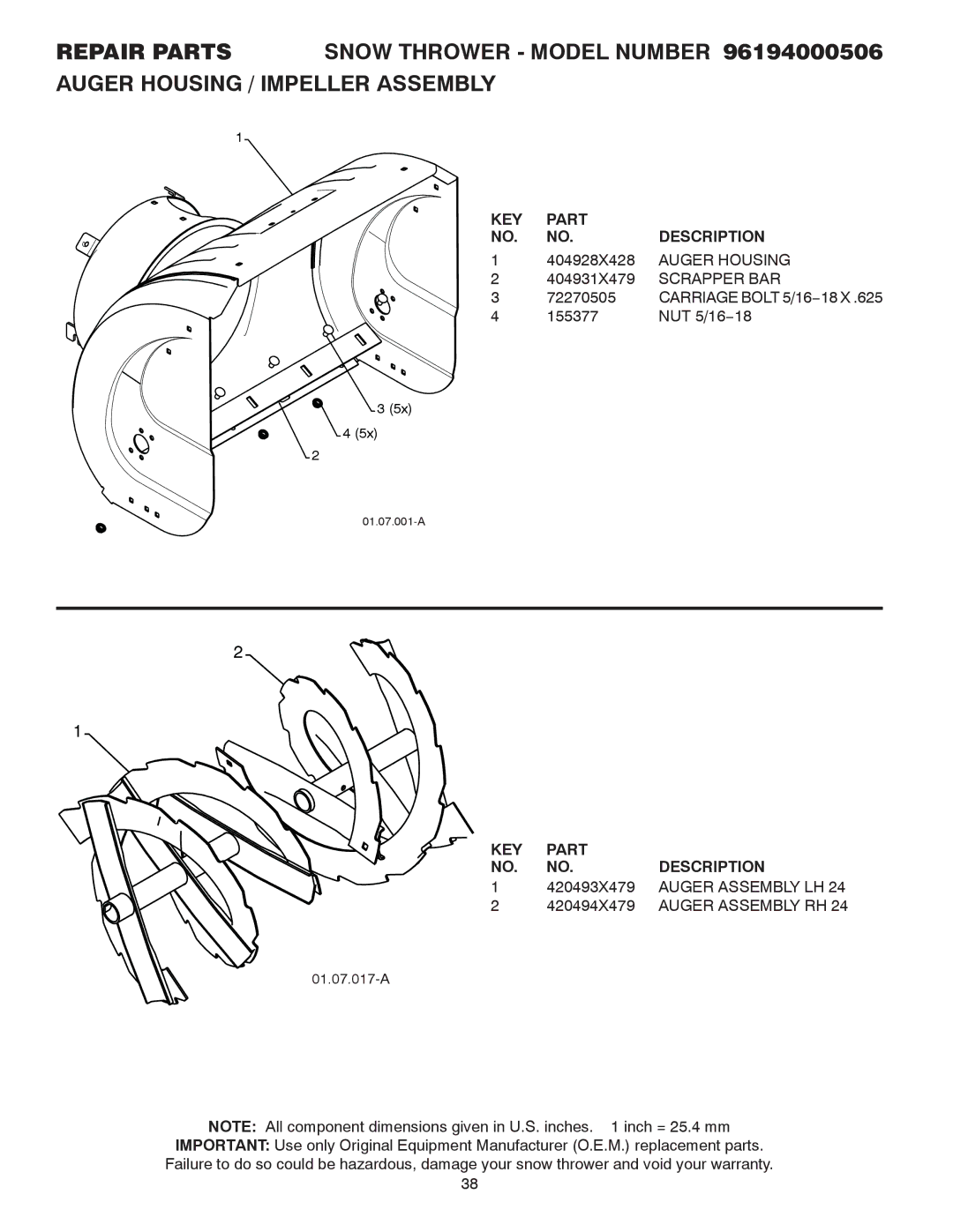 Poulan 424027, 96194000506 owner manual Auger Housing, Scrapper BAR, Auger Assembly LH, Auger Assembly RH 