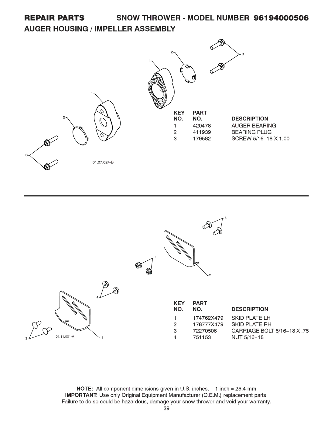 Poulan 96194000506, 424027 owner manual Auger Bearing, Bearing Plug 