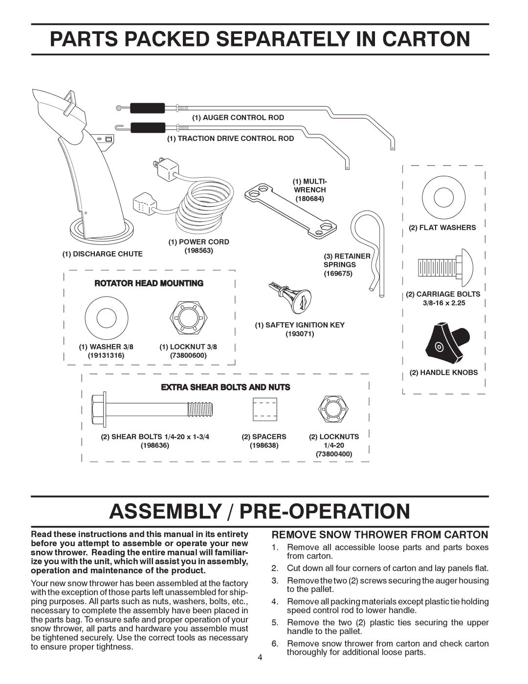 Poulan 424027, 96194000506 Parts Packed Separately in Carton, Assembly / PRE-OPERATION, Remove Snow Thrower from Carton 