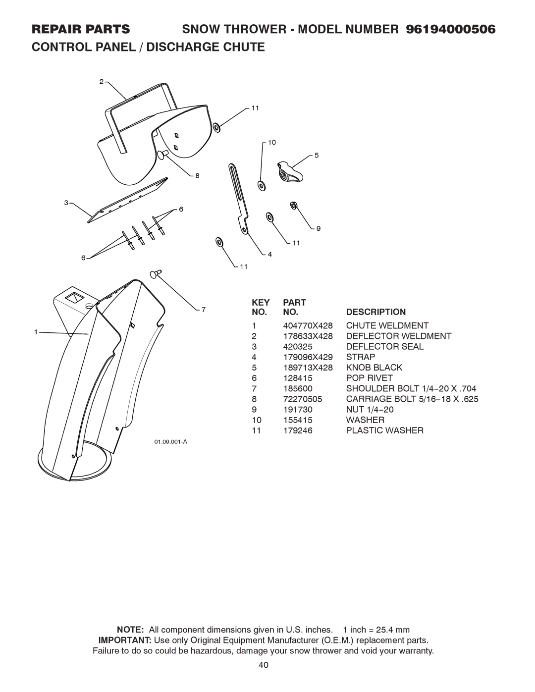 Poulan 424027, 96194000506 owner manual Knob Black, POP Rivet, Plastic Washer 