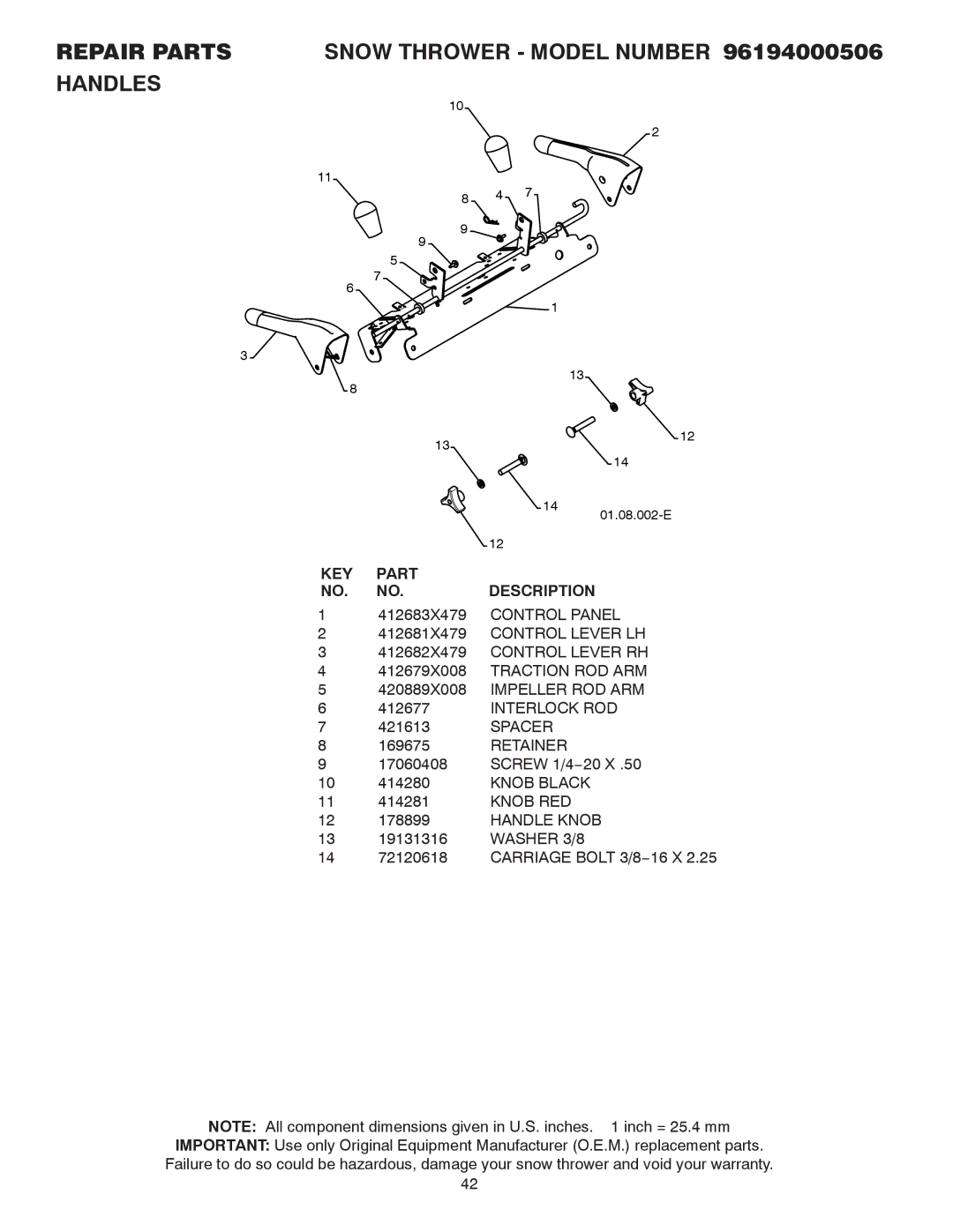 Poulan 424027 owner manual Repair Parts Snow Thrower Model Number 96194000506 Handles 