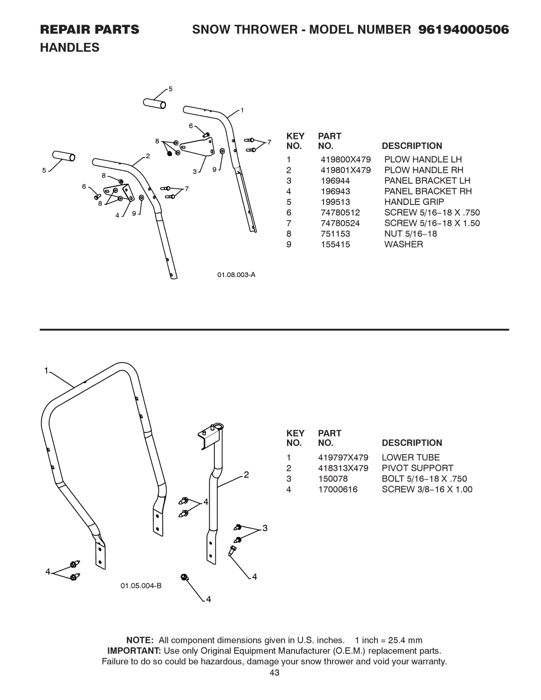 Poulan 96194000506, 424027 owner manual Panel Bracket LH Panel Bracket RH, Handle Grip, Lower Tube, Pivot Support 