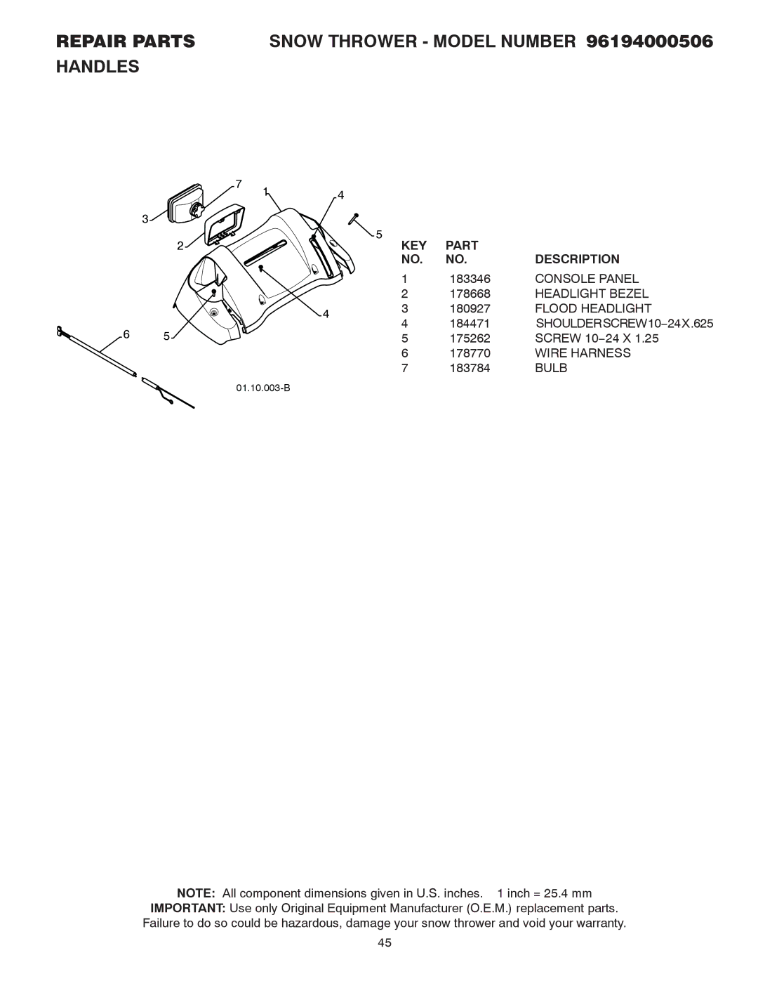 Poulan 96194000506, 424027 owner manual Part KEY Description 