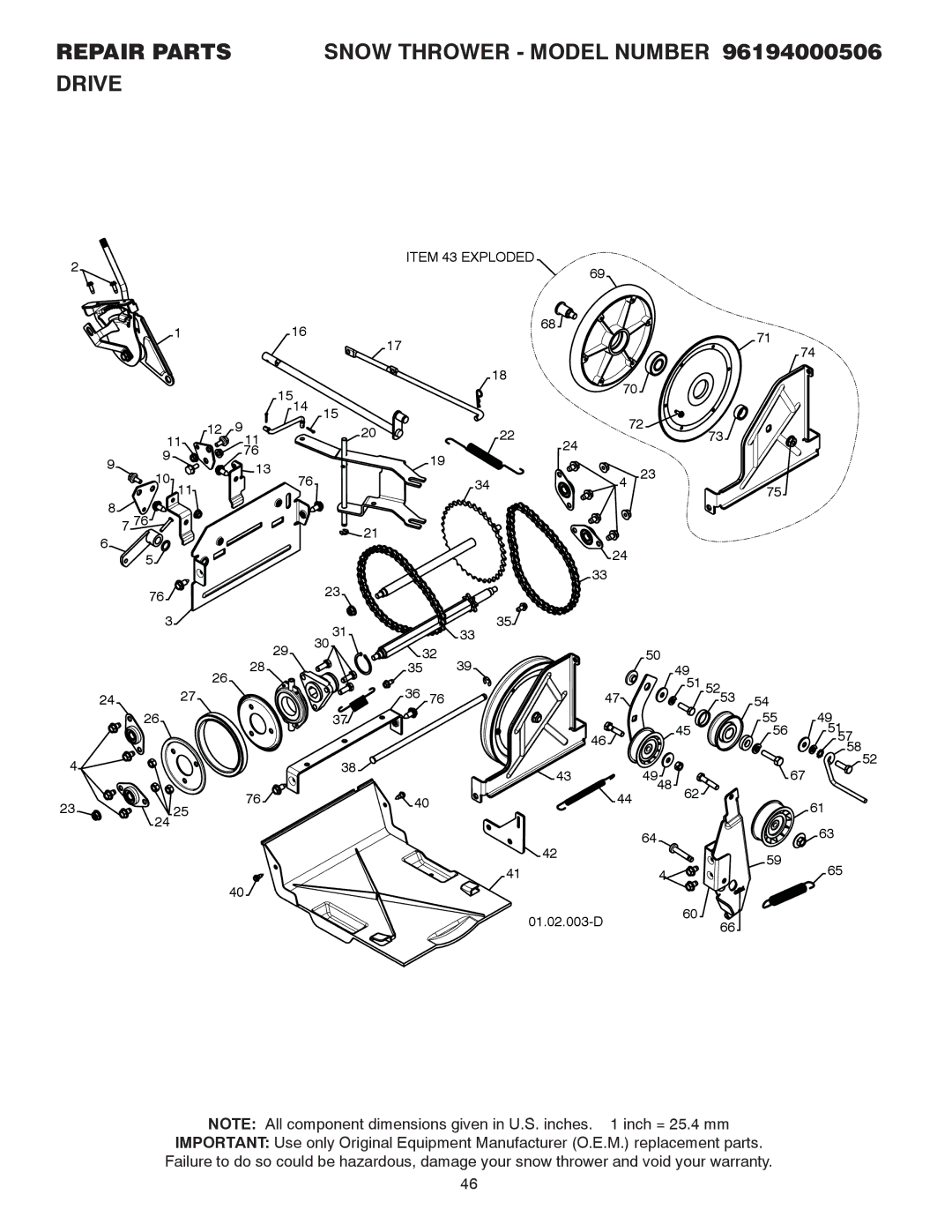 Poulan 424027 owner manual Repair Parts Snow Thrower Model Number 96194000506 Drive 