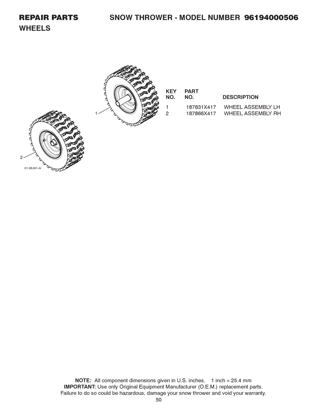 Poulan 424027 Repair Parts Snow Thrower Model Number 96194000506 Wheels, 187831X417, Wheel Assembly LH, 187866X417 