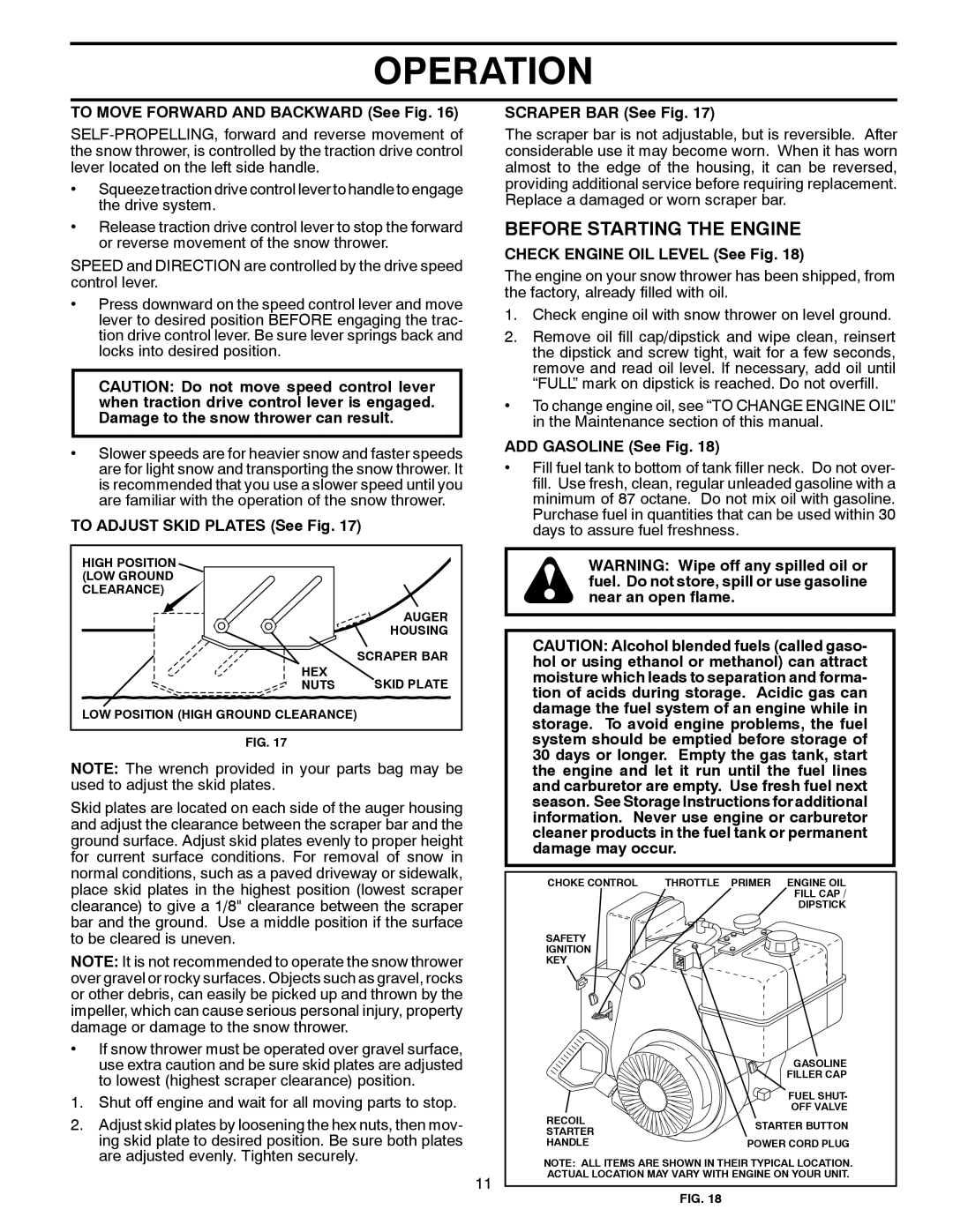 Poulan 424053 Before Starting the Engine, To Adjust Skid Plates See Fig, Scraper BAR See Fig, ADD Gasoline See Fig 