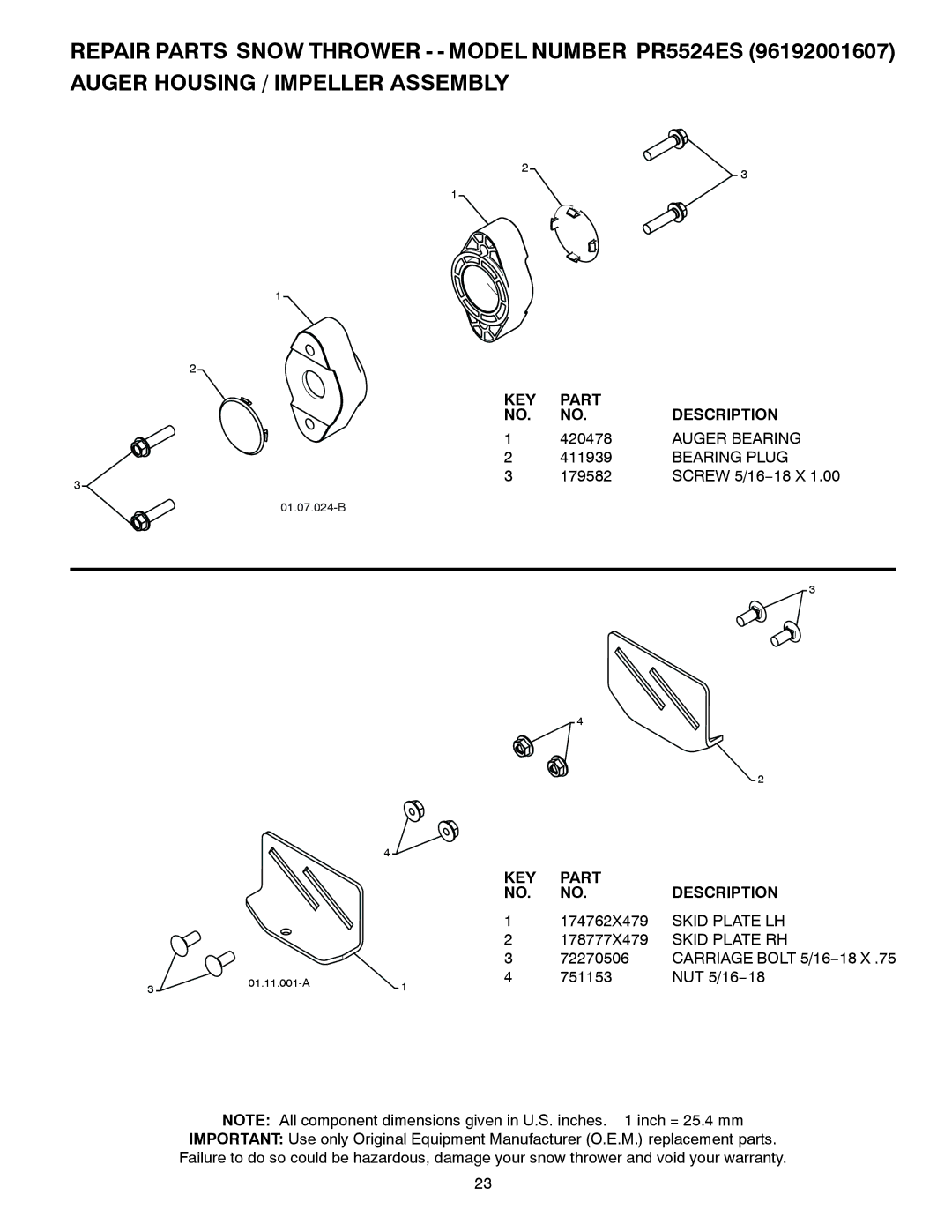 Poulan 424053 owner manual Auger Bearing, Bearing Plug 