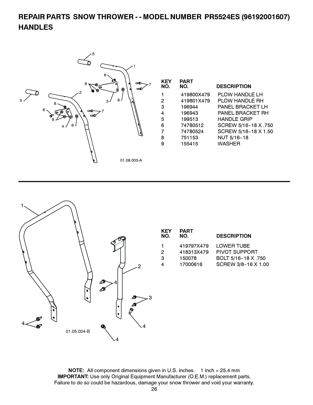 Poulan 424053 owner manual Panel Bracket LH Panel Bracket RH, Handle Grip, Lower Tube, Pivot Support 