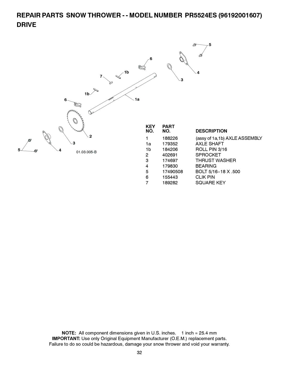 Poulan 424053 owner manual Axle Shaft, Roll PIN 3/16, Sprocket, Clik PIN 