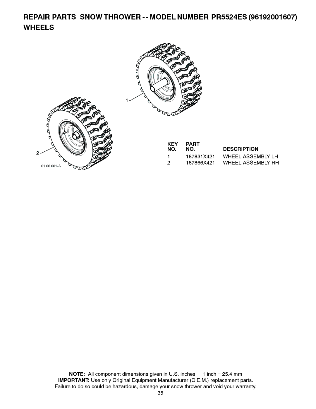 Poulan 424053 owner manual Repair Parts Snow Thrower - Model Number PR5524ES Wheels, Wheel Assembly LH 