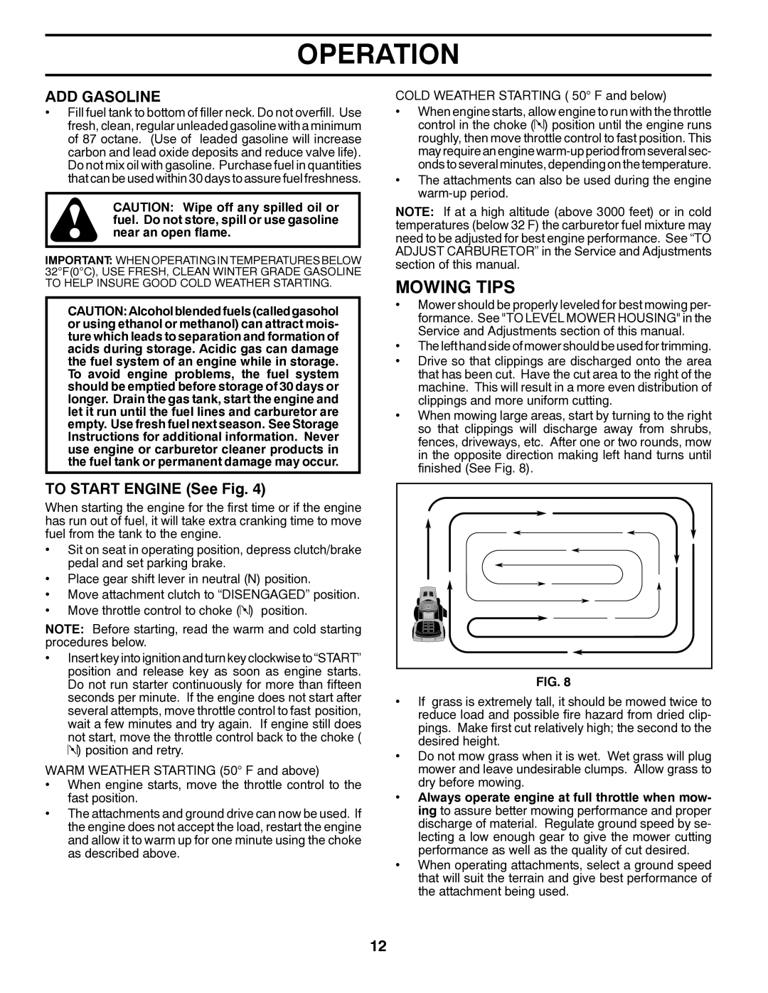 Poulan 424368 manual Mowing Tips, ADD Gasoline, To Start Engine See Fig 