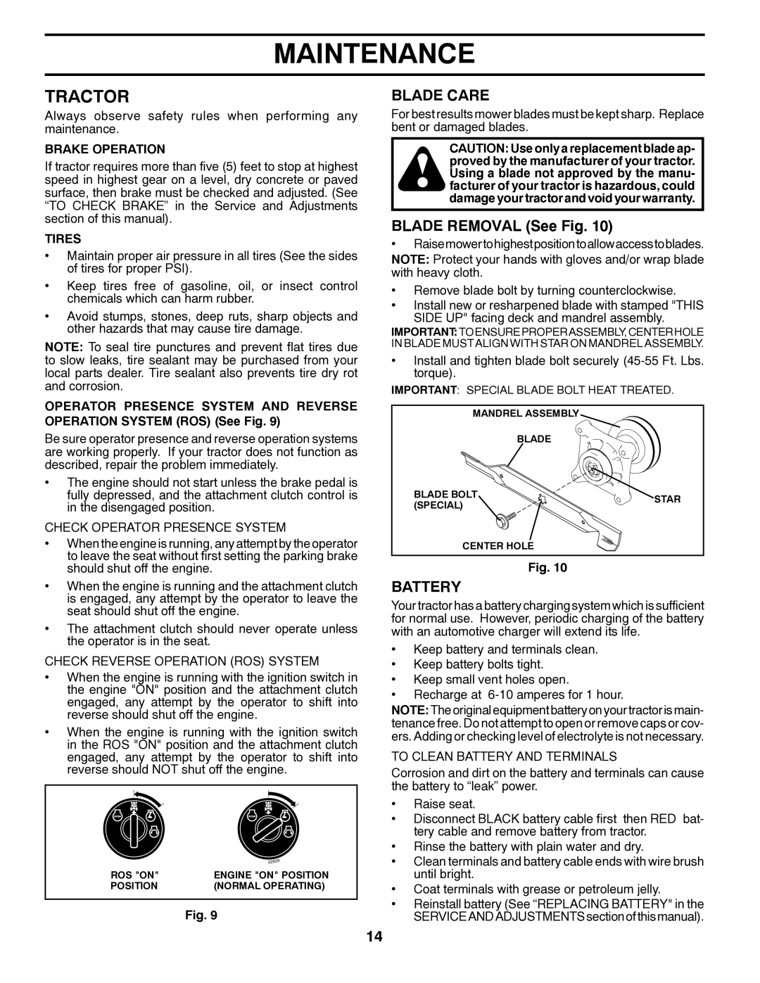 Poulan 424368 manual Tractor, Blade Care, Blade Removal See Fig, Battery 