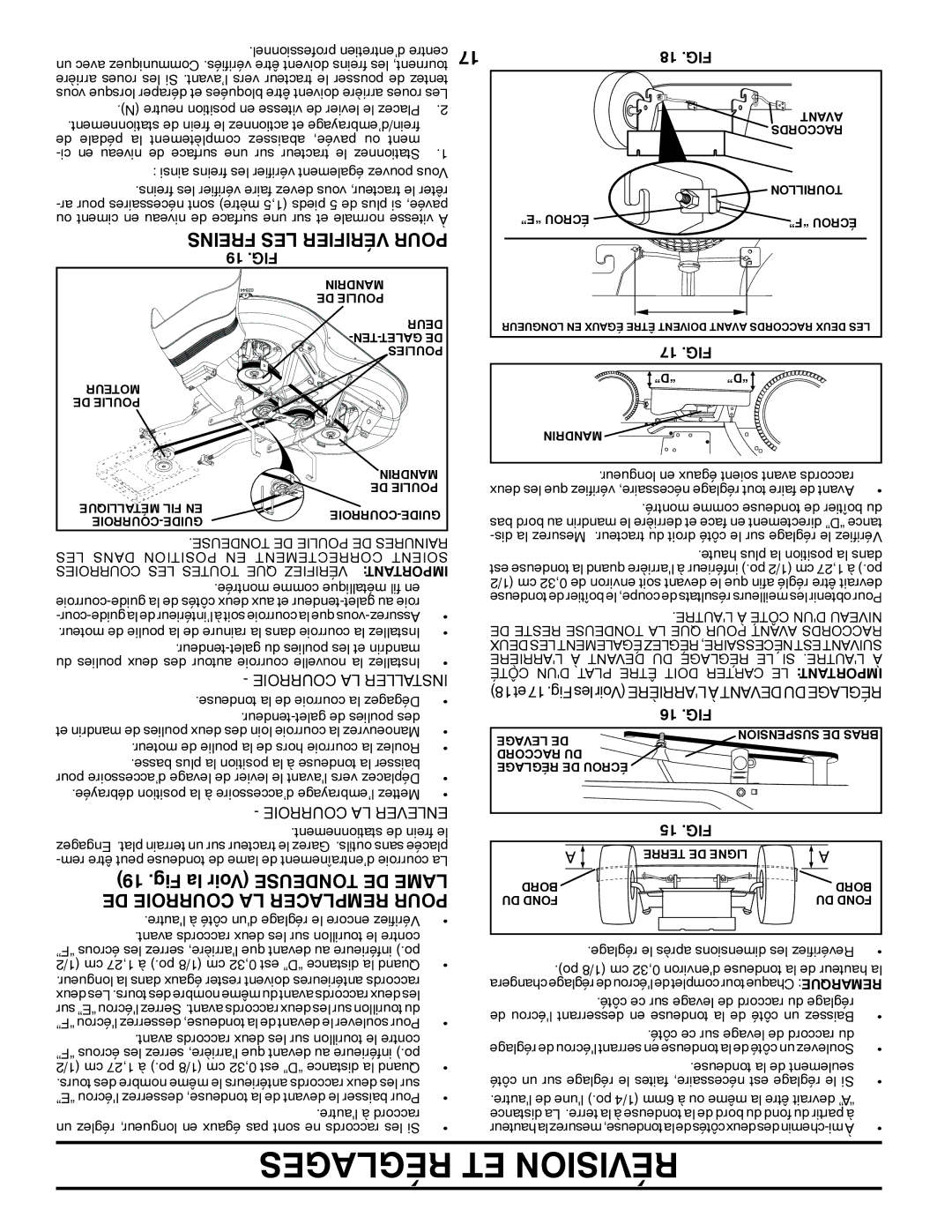 Poulan 424368 manual Freins LES Vérifier Pour, Fig la Voir Tondeuse DE Lame DE Courroie LA Remplacer Pour 