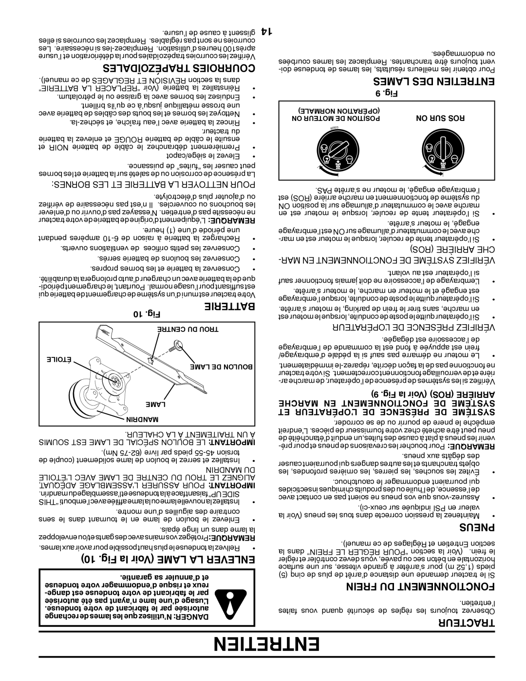 Poulan 424368 Fig la Voir Lame LA Enlever, Trapézoïdales Courroies, Lames DES Entretien, Pneus, Frein DU Fonctionnement 