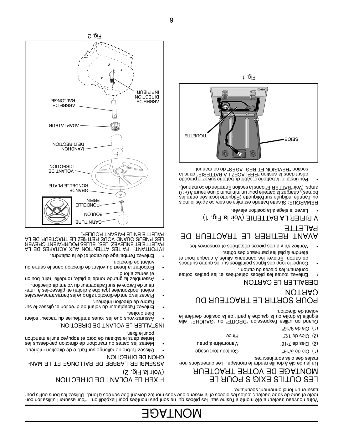 Poulan 424368 manual DE Tracteur LE Retirer Avant, Fig la Voir Batterie LA Vérifier, Tionrecdi DE Volant LE Fixer 