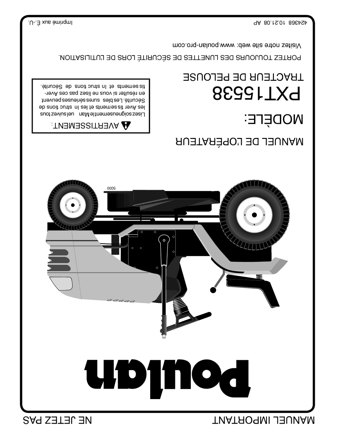 Poulan 424368 manual Pelouse DE Tracteur PXT15538 