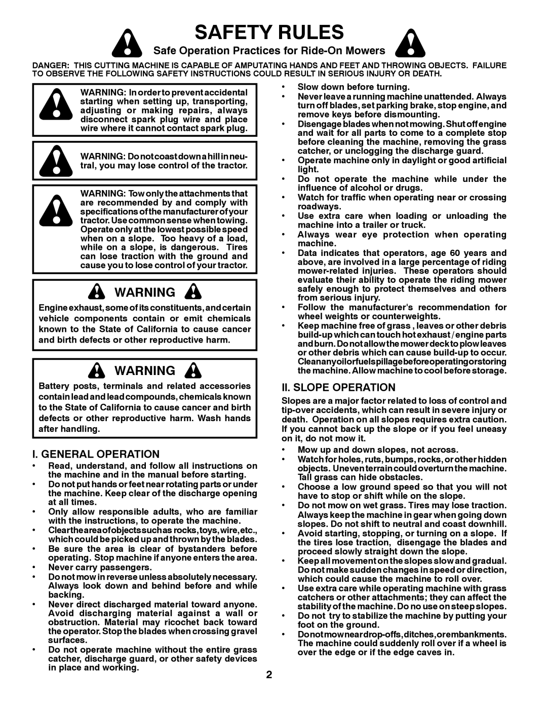 Poulan 424368 manual Safety Rules, Safe Operation Practices for Ride-On Mowers, I. General Operation, Ii. Slope Operation 
