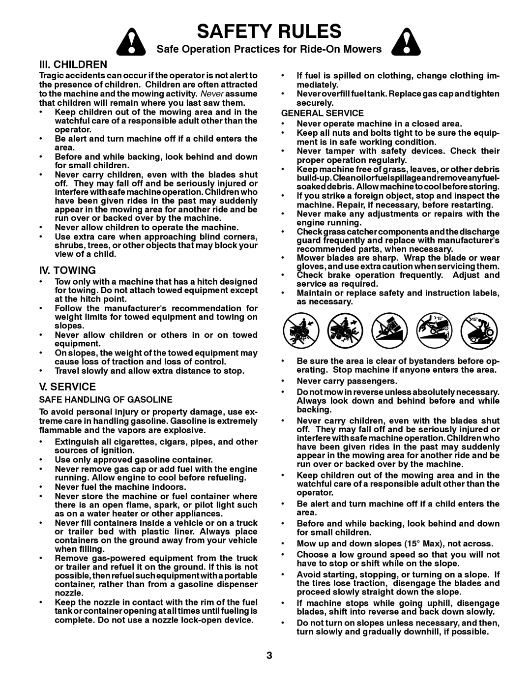 Poulan 424368 manual Iii. Children, Iv. Towing, V. Service, Safety Rules, Safe Operation Practices for Ride-On Mowers 