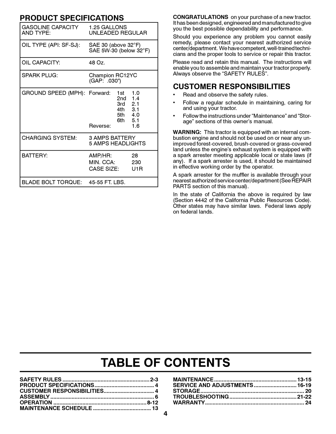 Poulan 424368 manual Table Of Contents, Product Specifications, Customer Responsibilities 