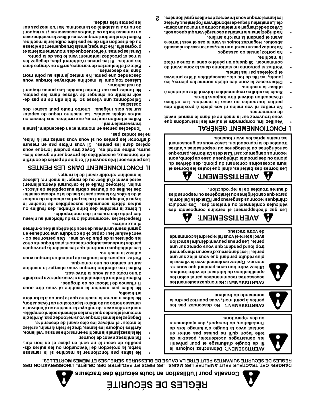 Poulan 424368 manual Sécurité De Règles, Avertissement, Pentes Les Dans Fonctionnement, Général Fonctionnement 
