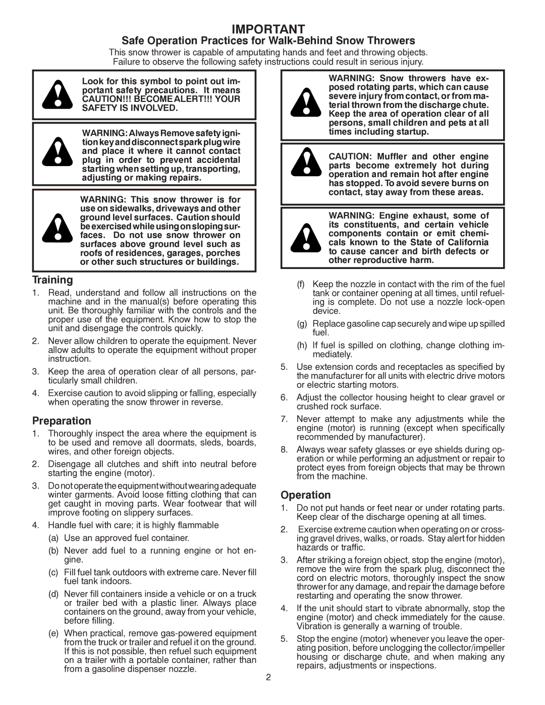 Poulan 424549, 96198002500 owner manual Safe Operation Practices for Walk-Behind Snow Throwers 