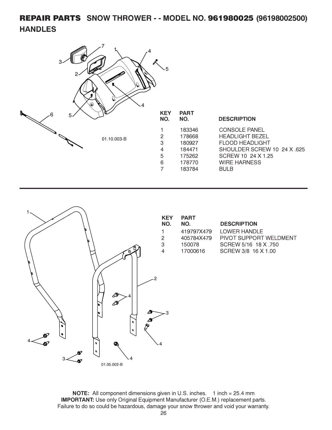 Poulan 424549, 96198002500 owner manual Handles 