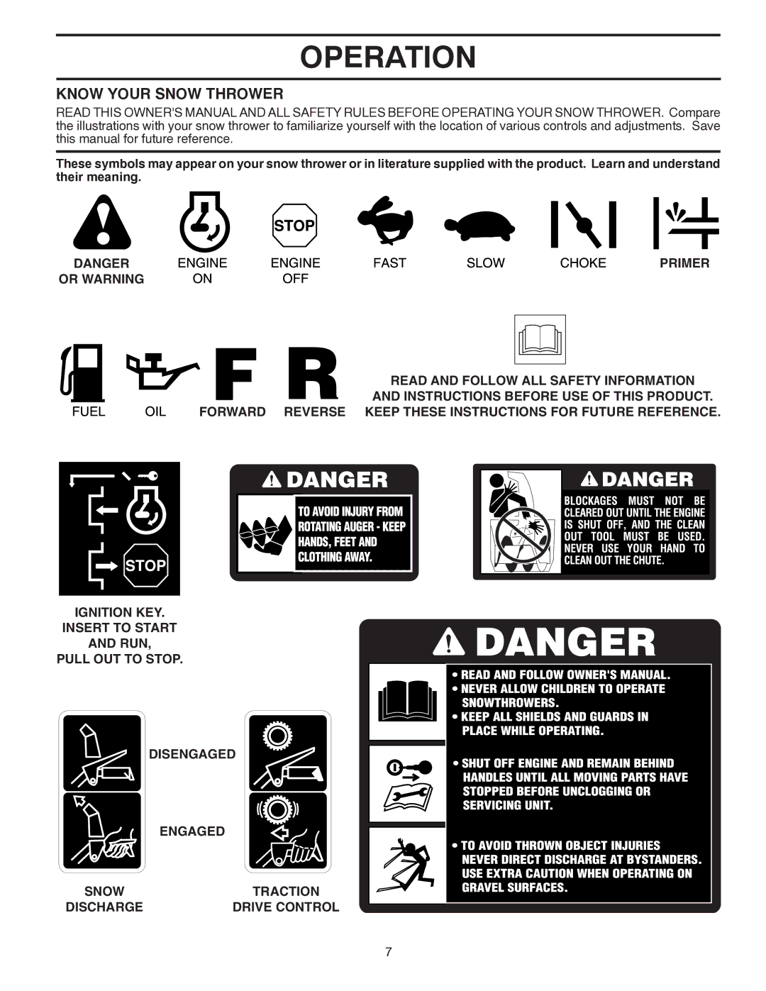 Poulan 96198002500, 424549 owner manual Operation, Know Your Snow Thrower, Primer, Ignition KEY, Pull OUT to Stop 