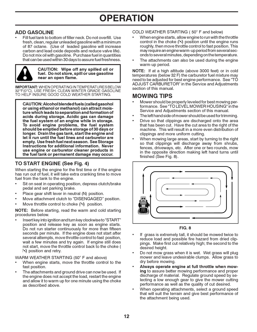 Poulan 424634 manual Mowing Tips, ADD Gasoline, To Start Engine See Fig 