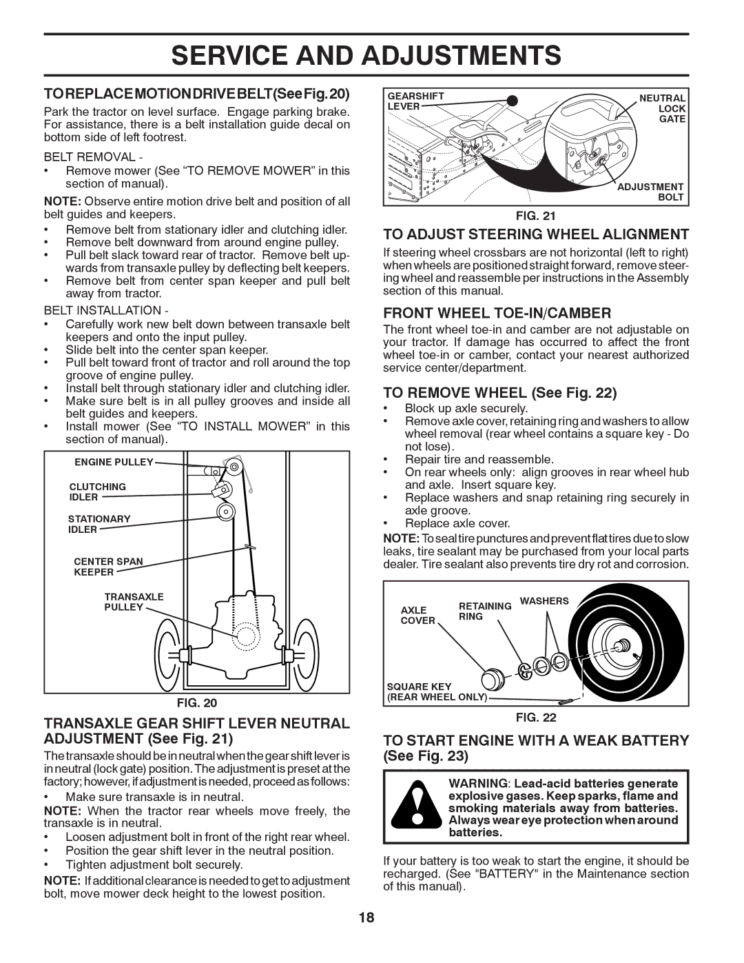 Poulan 424634 manual To Adjust Steering Wheel Alignment, Front Wheel TOE-IN/CAMBER 