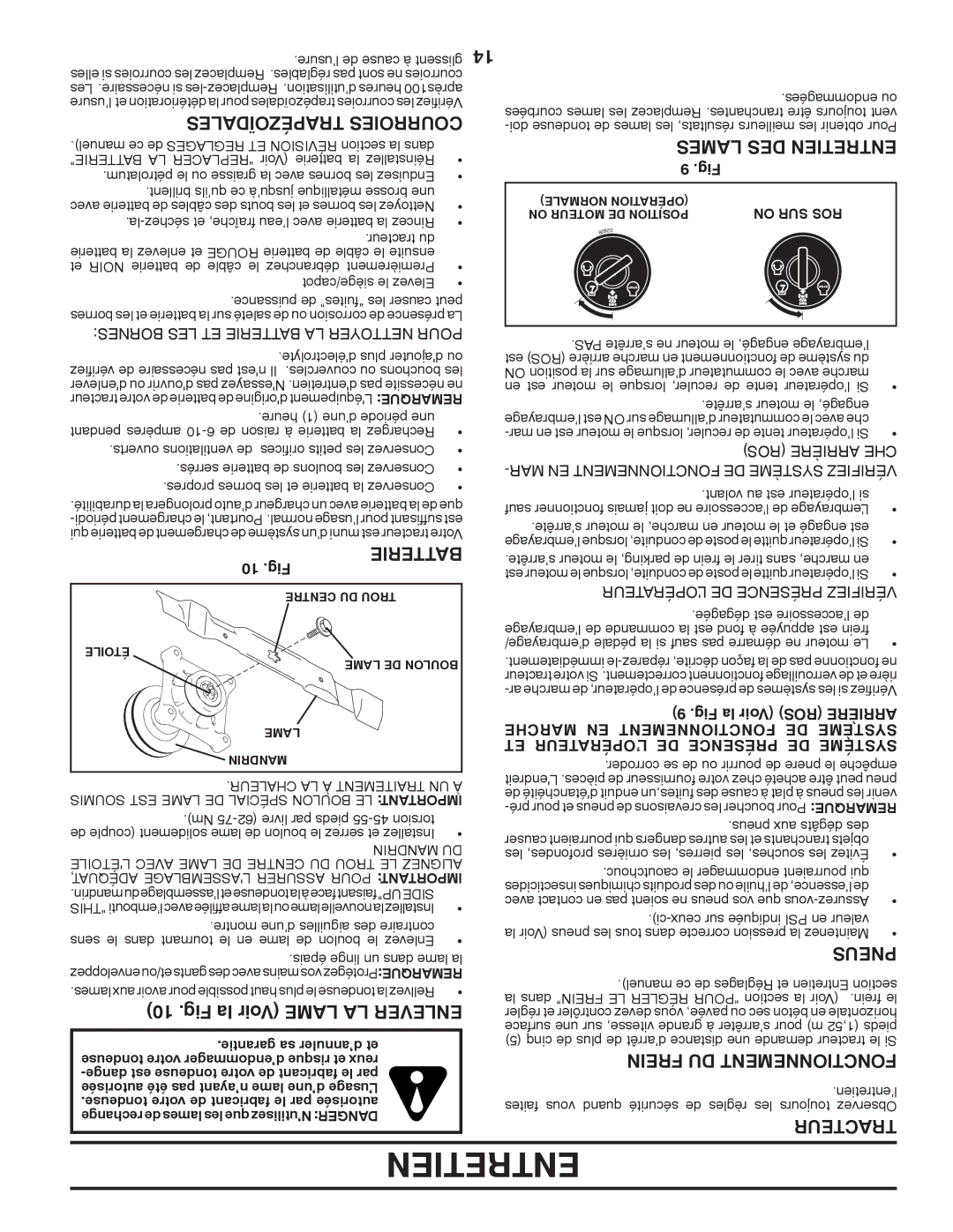 Poulan 424634 Fig la Voir Lame LA Enlever, Trapézoïdales Courroies, Lames DES Entretien, Pneus, Frein DU Fonctionnement 