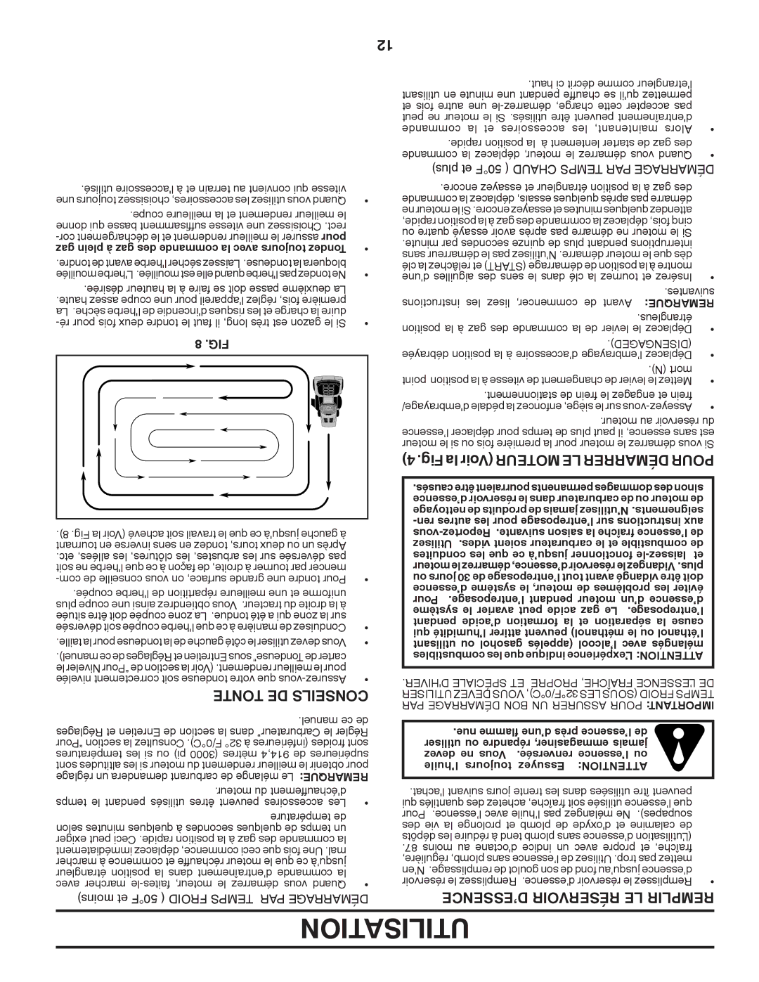 Poulan 424634 Utilisation, Tonte DE Conseils, ’ESSENCE Réservoir LE Remplir, PAR Démarrage BON UN Assurer Pour Important 