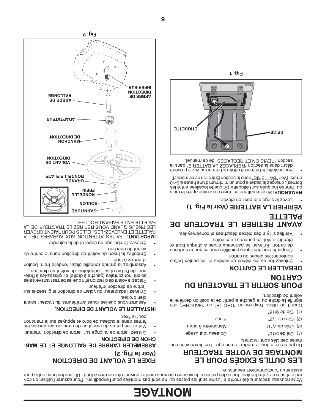 Poulan 424634 manual DE Tracteur LE Retirer Avant, Fig la Voir Batterie LA Vérifier, Tionrecdi DE Volant LE Fixer 