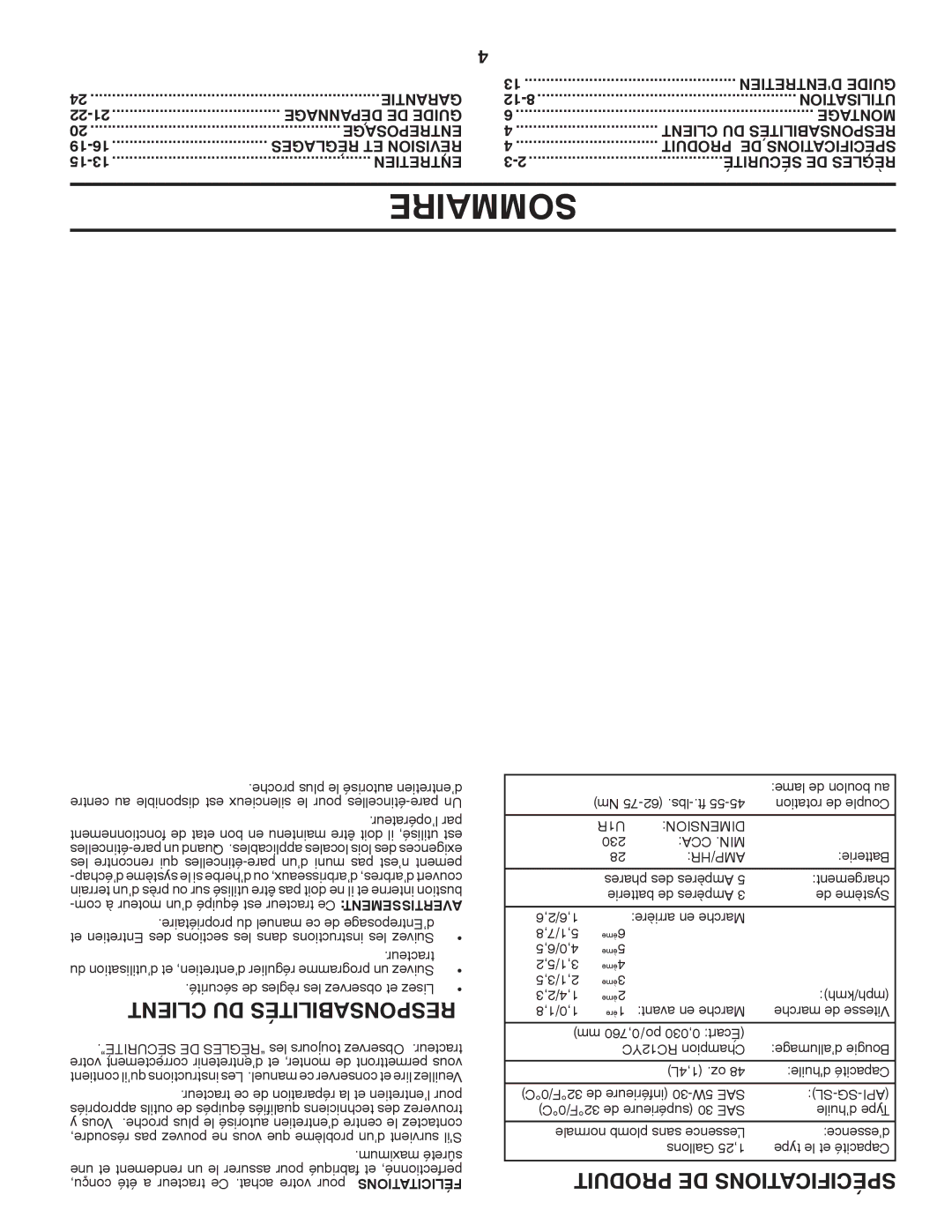 Poulan 424634 manual Sommaire 